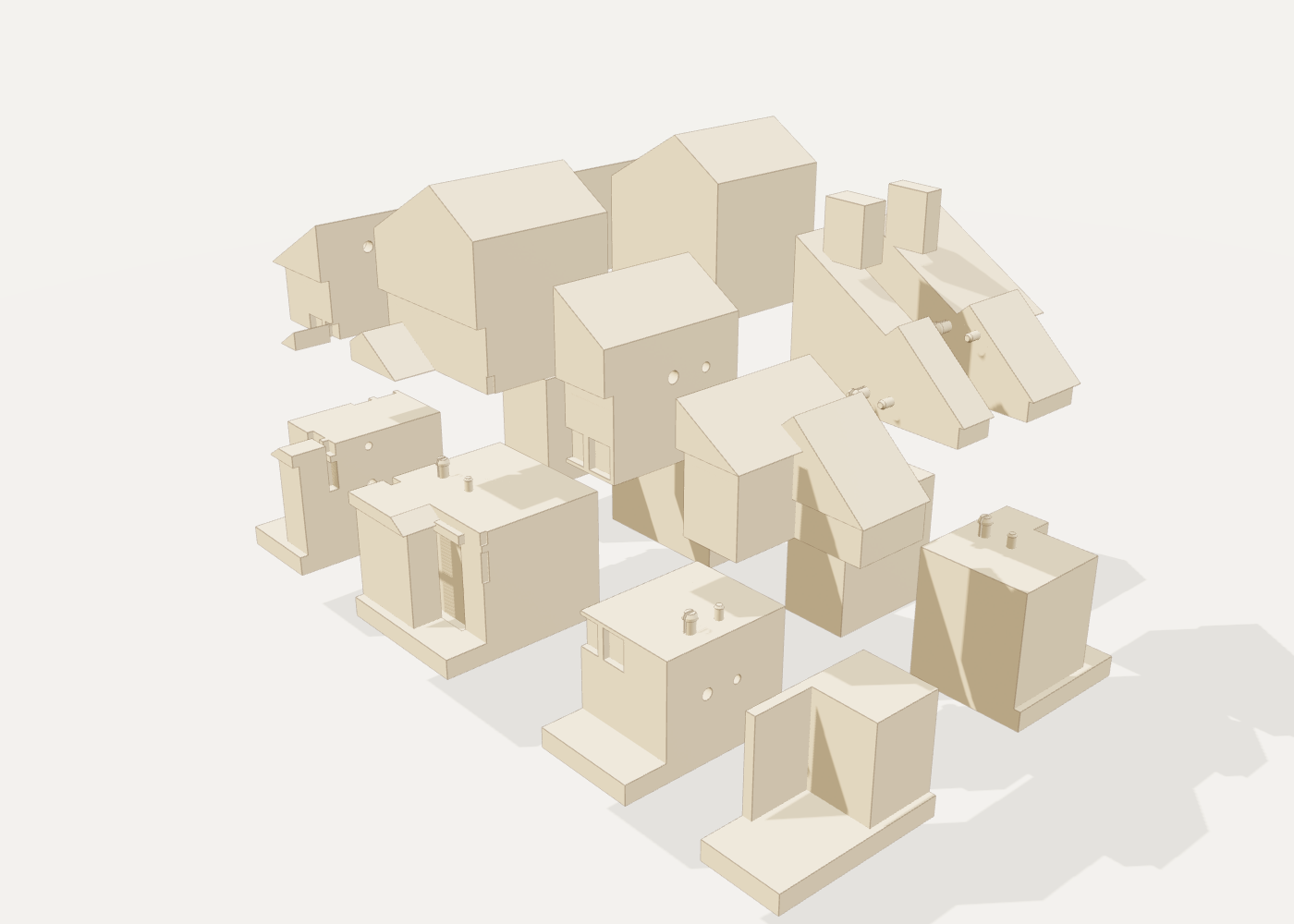 Digital preview of a cottage spatial puzzle with varied parts; not a photograph of a printed product